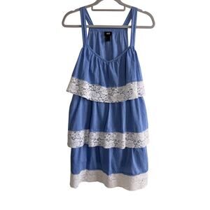 H&M Blue Tiered Lace Trim Mini Dress Square Neck Sleeveless Cotton US 8 Boho